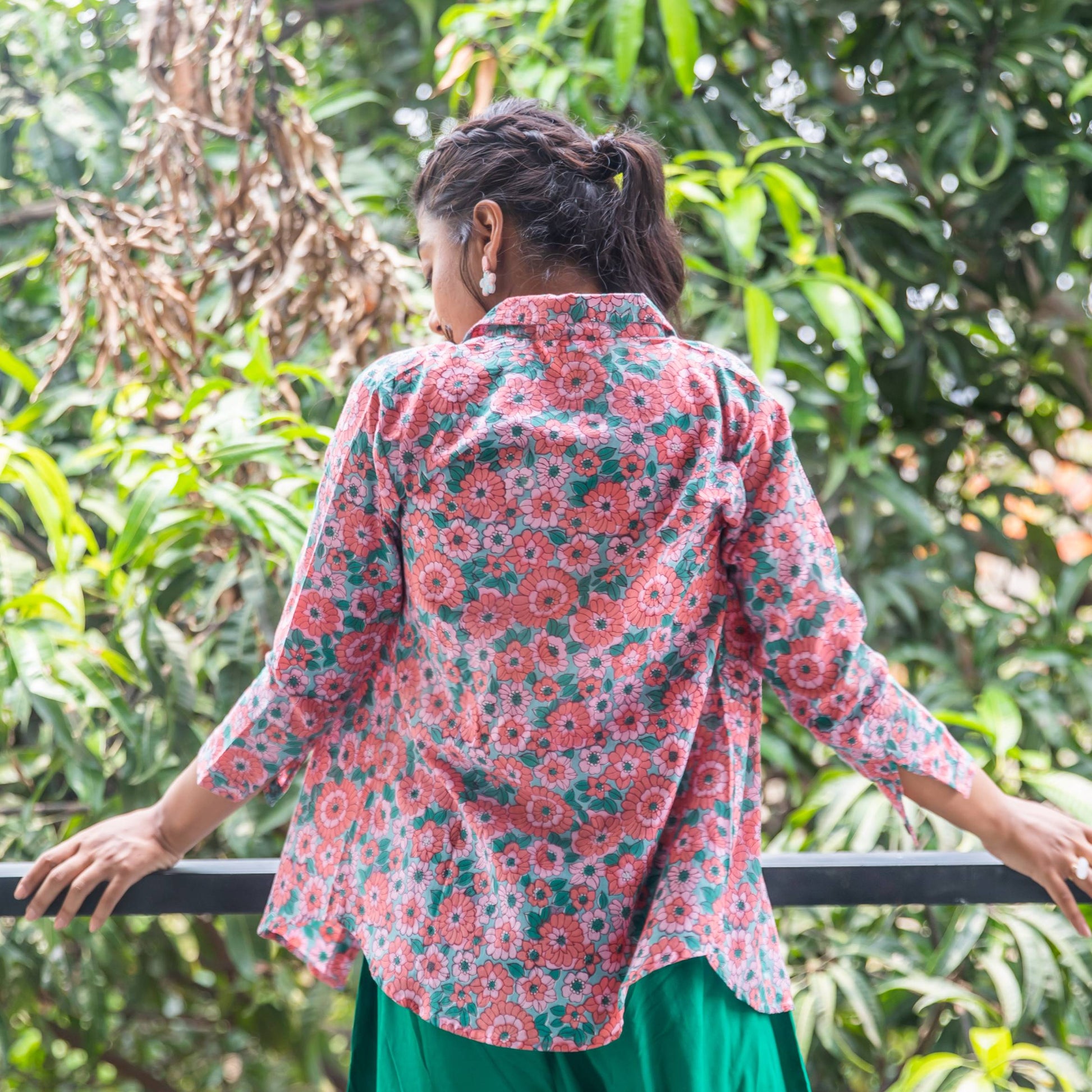 Peach & Green Daisy Floral Handblock Printed Shirt-Shirts-House of Ekam