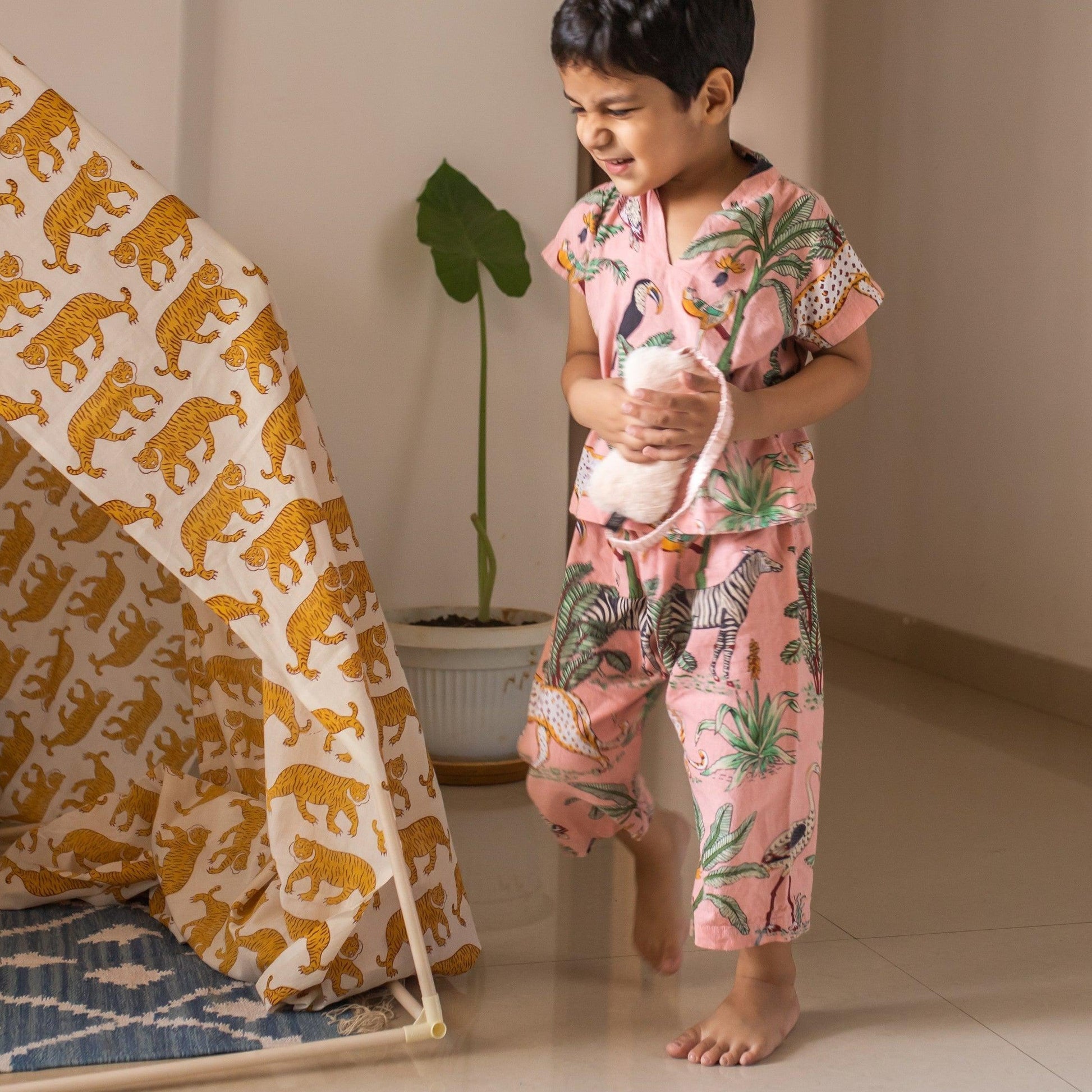 Peach Tropical Safari Screenprint Boys Nightsuit Set-Kidswear-House of Ekam