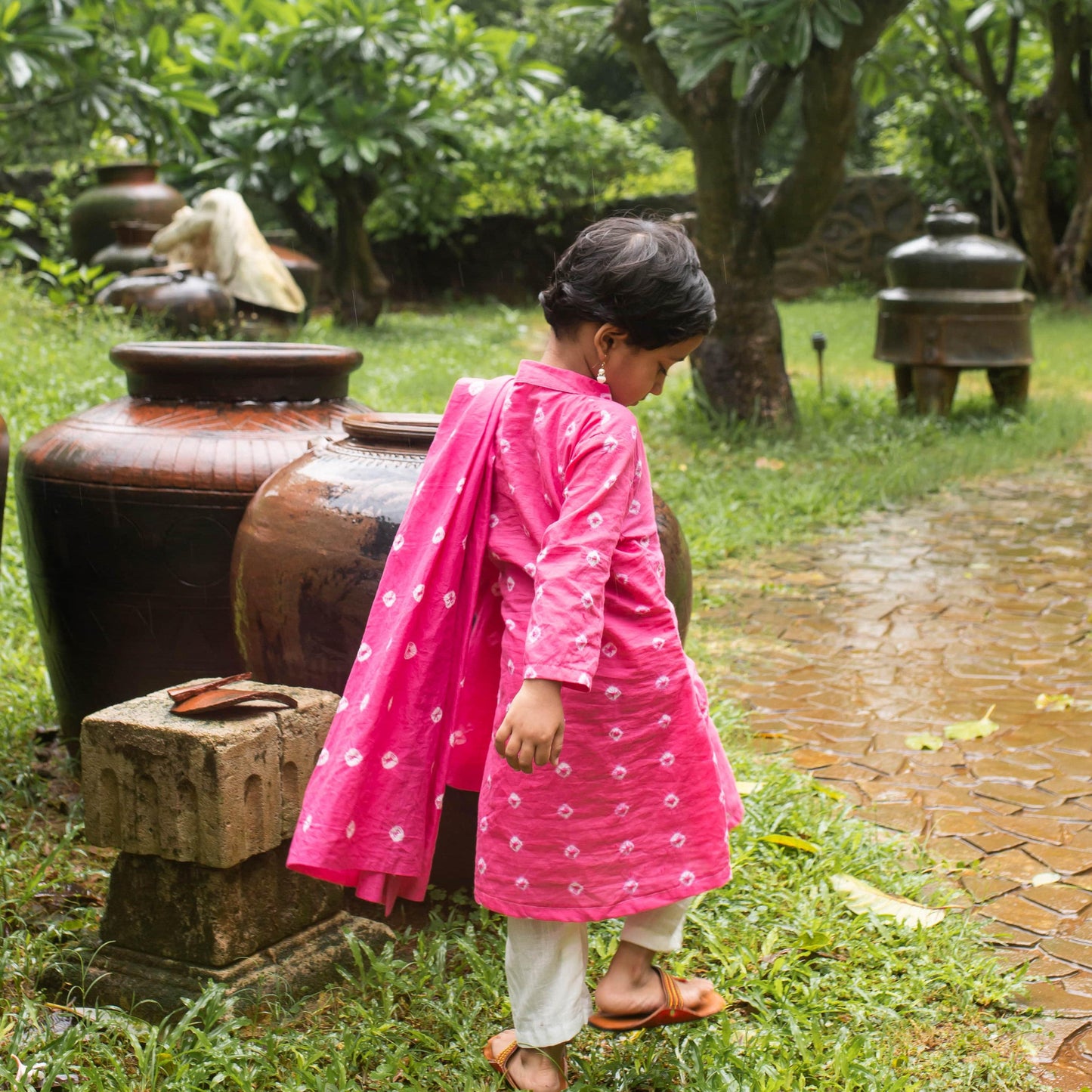 Pink Bandhani Girl Suit Set with Dupatta-Kidswear-House of Ekam