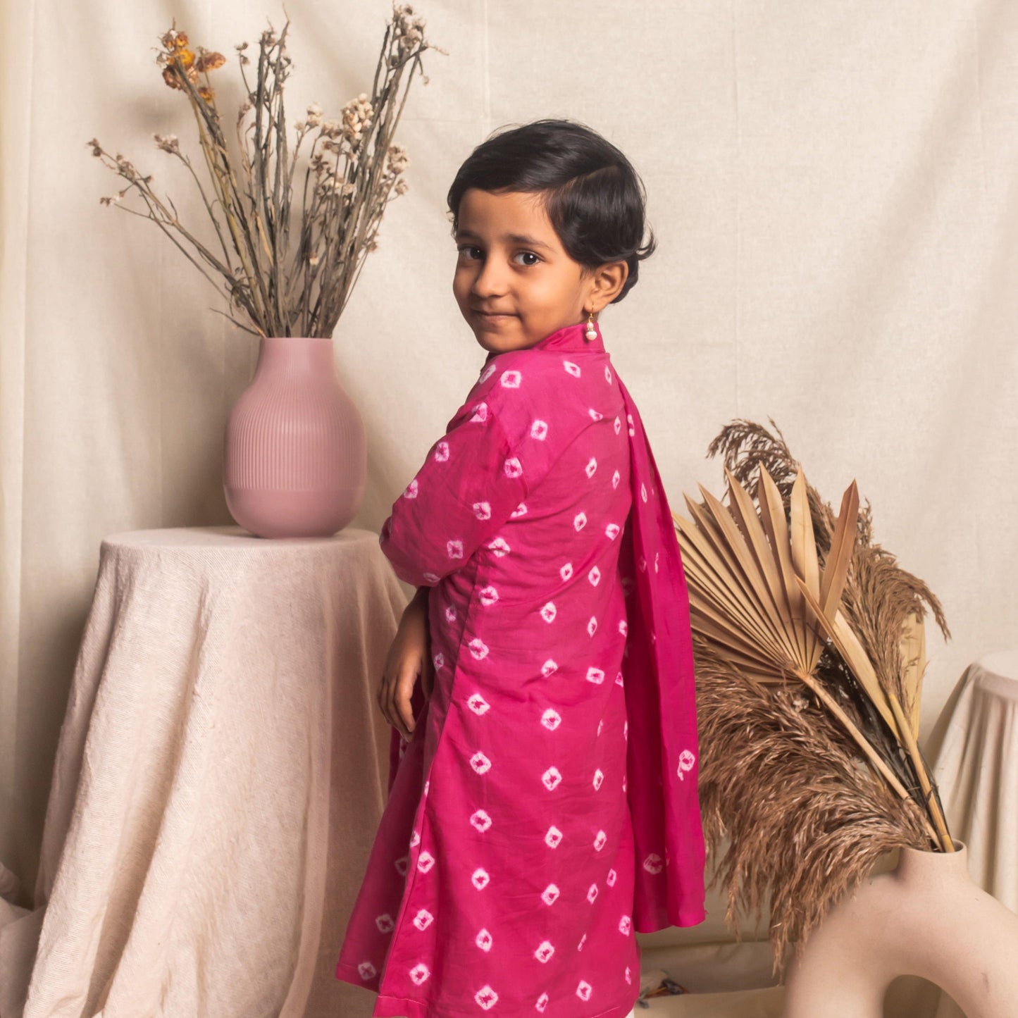 Pink Bandhani Girl Suit Set with Dupatta-Kidswear-House of Ekam