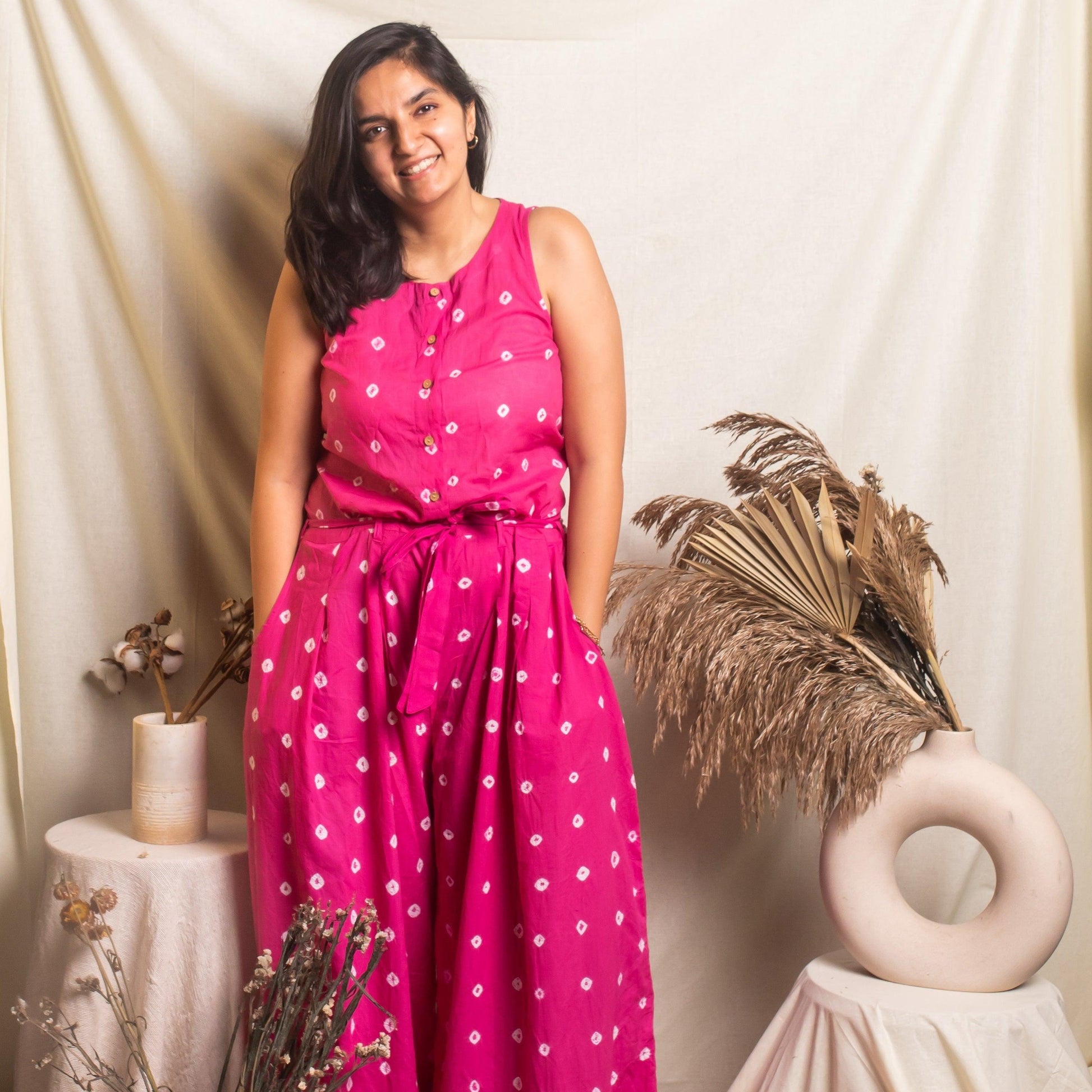 Pink Bandhani Jumpsuit-Jump suits-House of Ekam