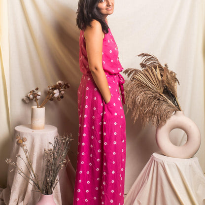 Pink Bandhani Jumpsuit-Jump suits-House of Ekam