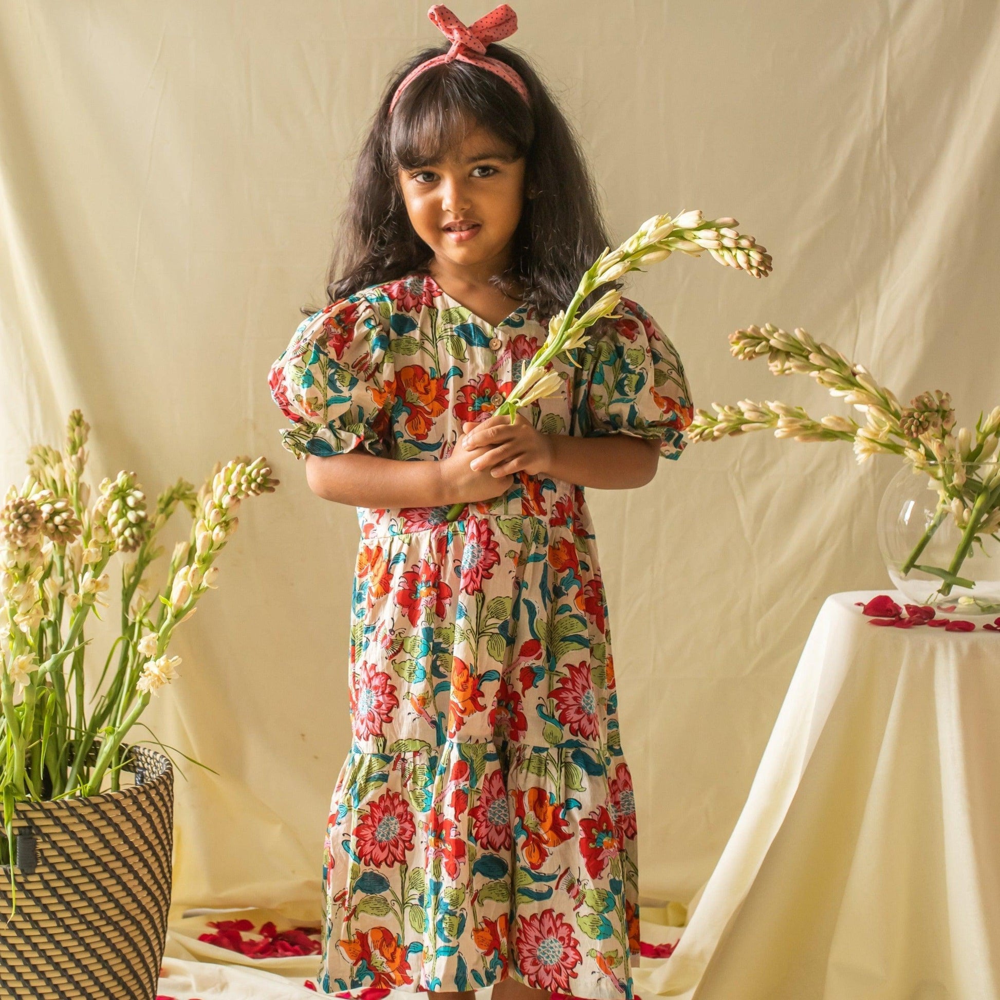 Pink Twine Floral Girls Tiered Long Dress-Kidswear-House of Ekam