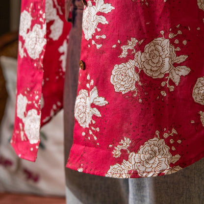 Rani Pink Kentish Rose Handblock Printed Shirt-Shirts-House of Ekam