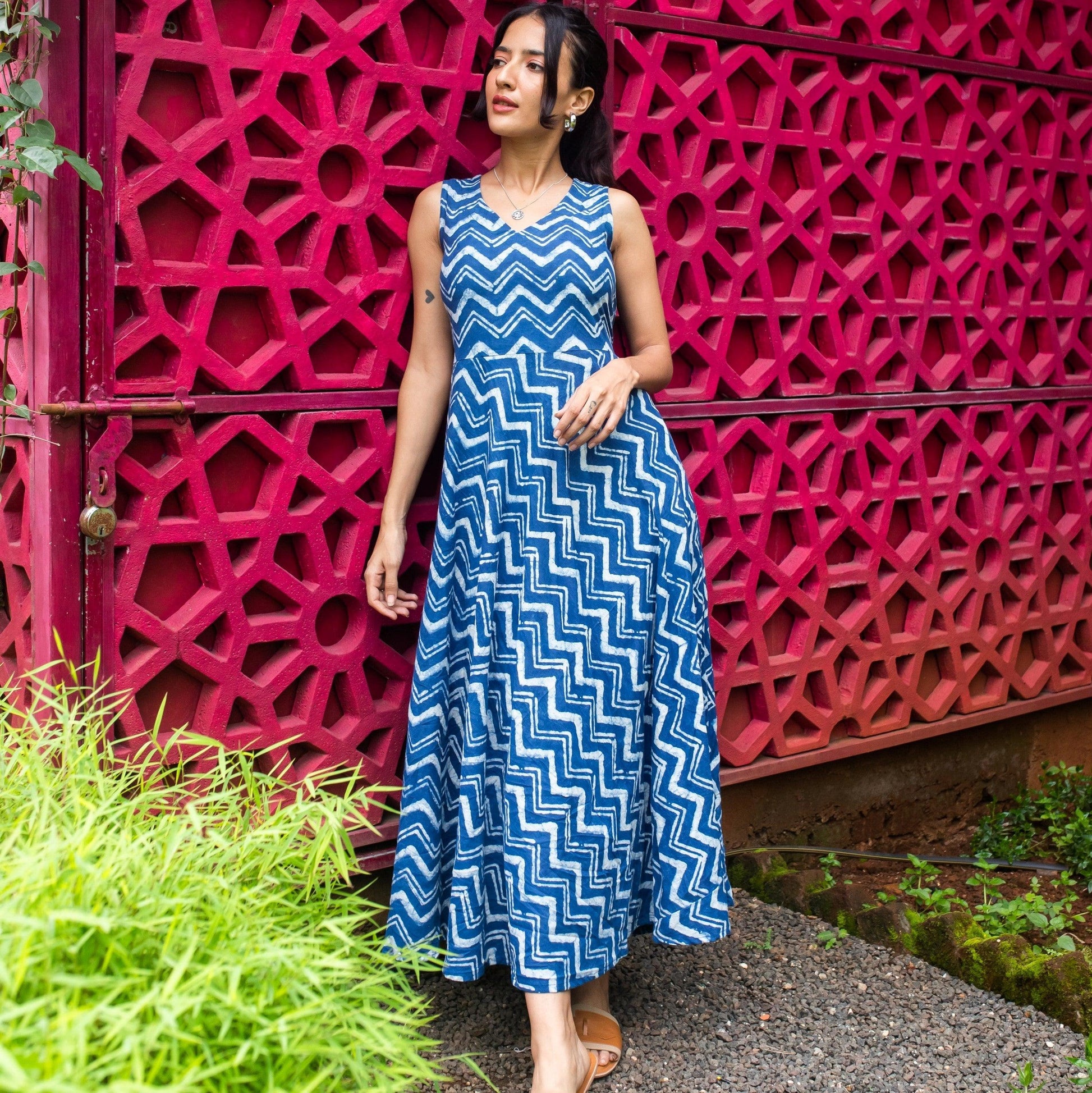 Sukoon Indigo Chevron Long Dress-Dresses-House of Ekam