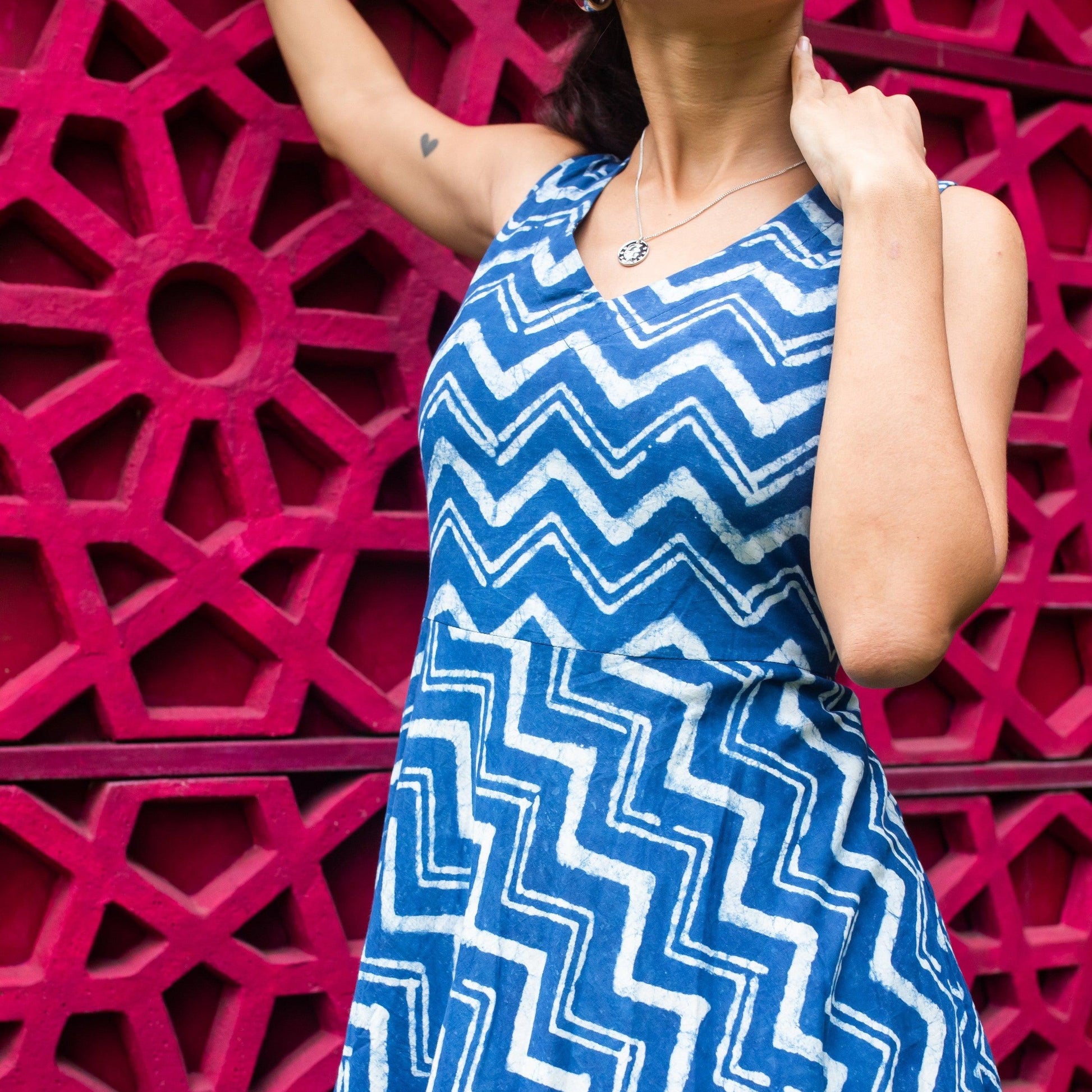 Sukoon Indigo Chevron Long Dress-Dresses-House of Ekam