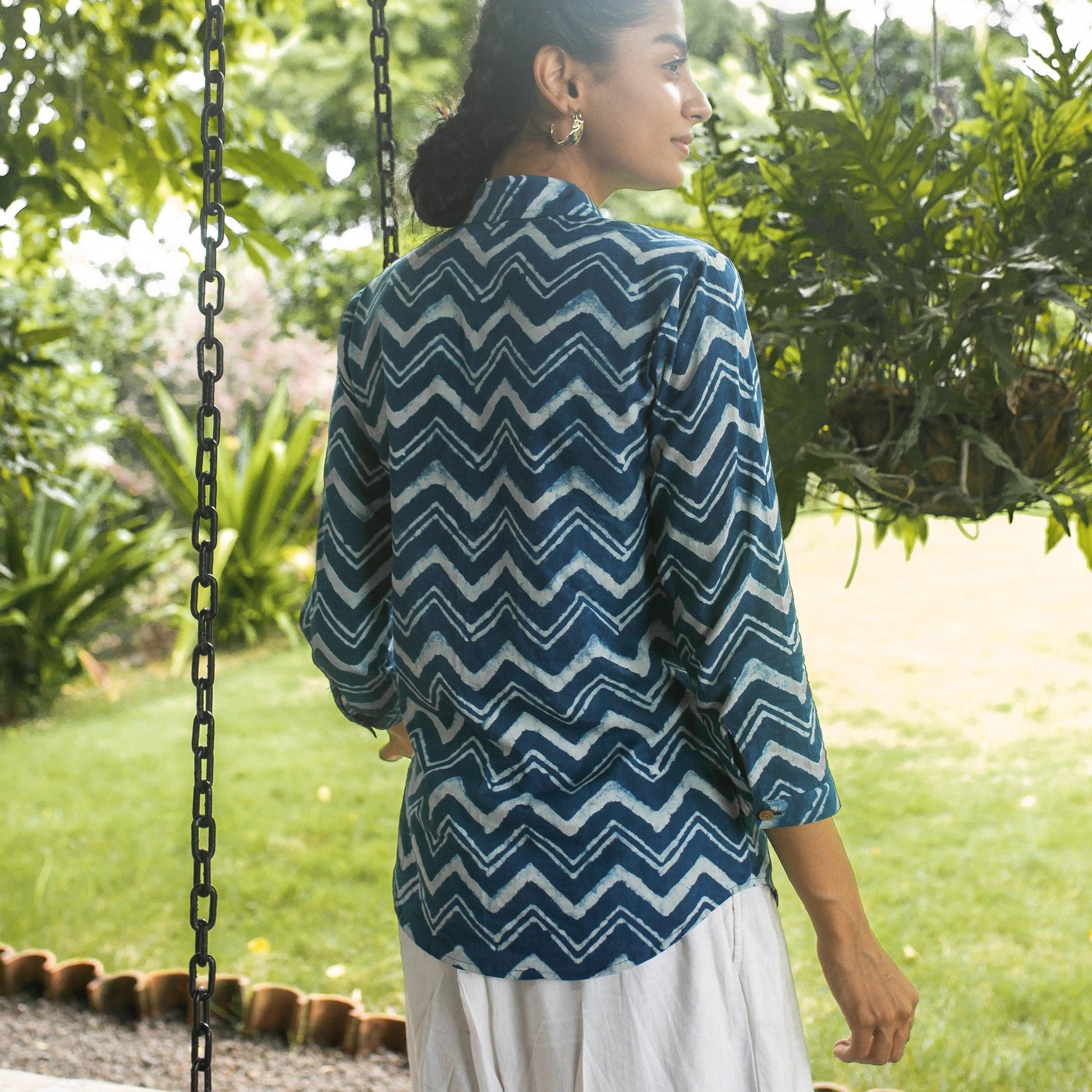 Sukoon Indigo Chevron Shirt-Shirts-House of Ekam