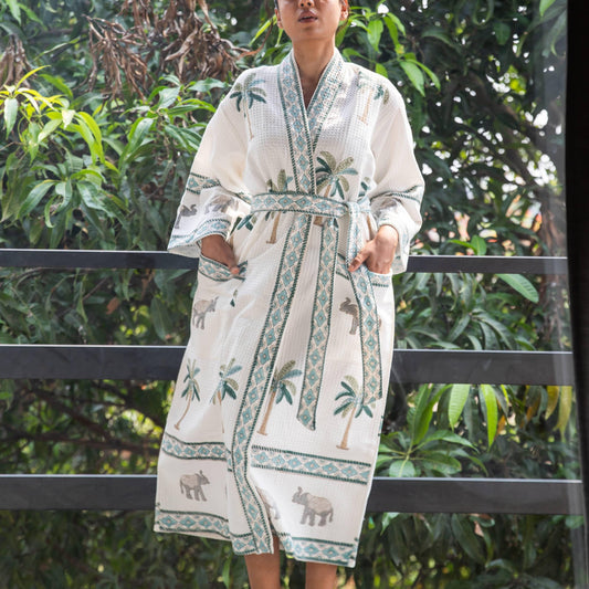 Tropical Elephant and Palm Bathrobe-Bath robes-House of Ekam