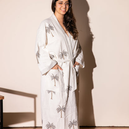 Tropical Grey Palm Bathrobe-Bath robes-House of Ekam