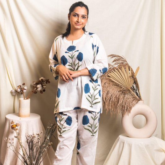 White And Blue Poppy Blockprinted Loungewear Pyjama Set-loungewear-House of Ekam