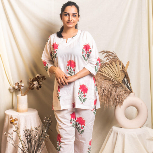 White And Pink Floral Blockprinted Loungewear Pyjama Set-loungewear-House of Ekam