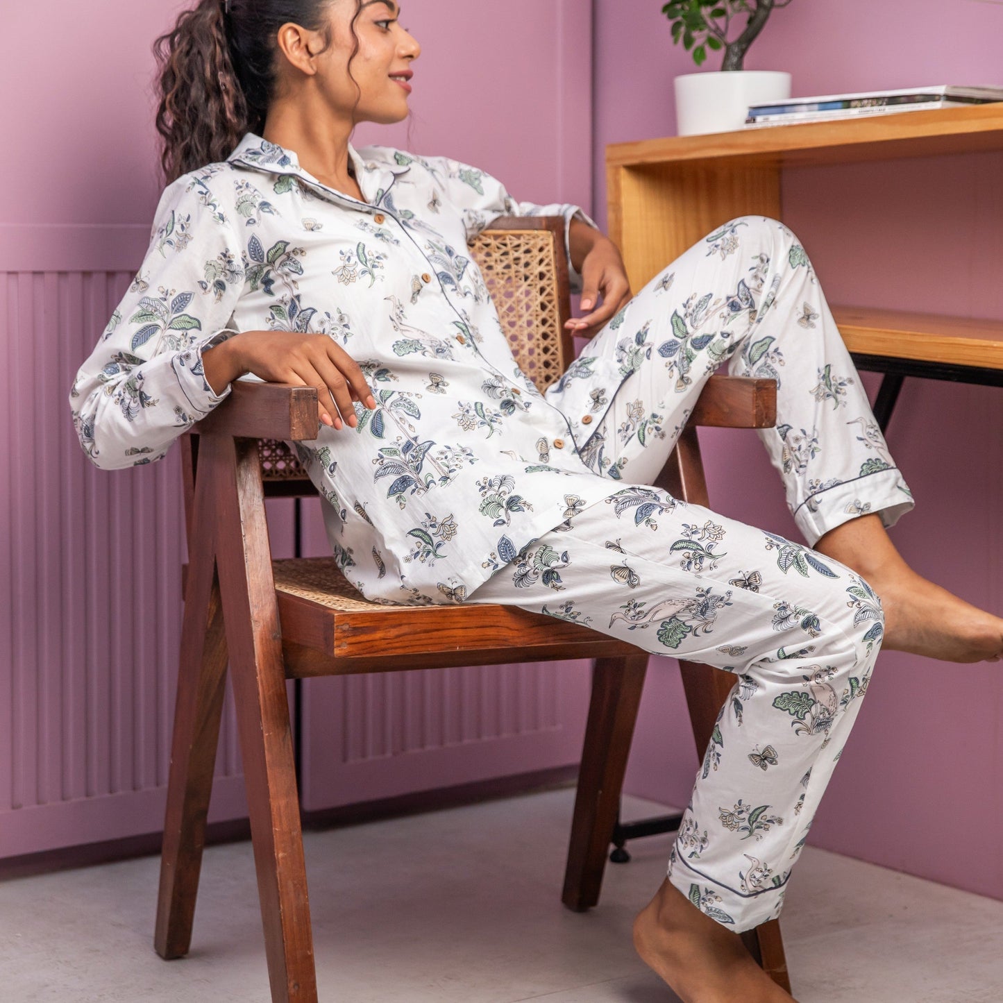 White Tropical Tango Cotton Loungewear Pyjama Set-loungewear-House of Ekam