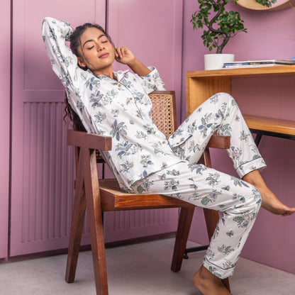 White Tropical Tango Cotton Loungewear Pyjama Set-loungewear-House of Ekam