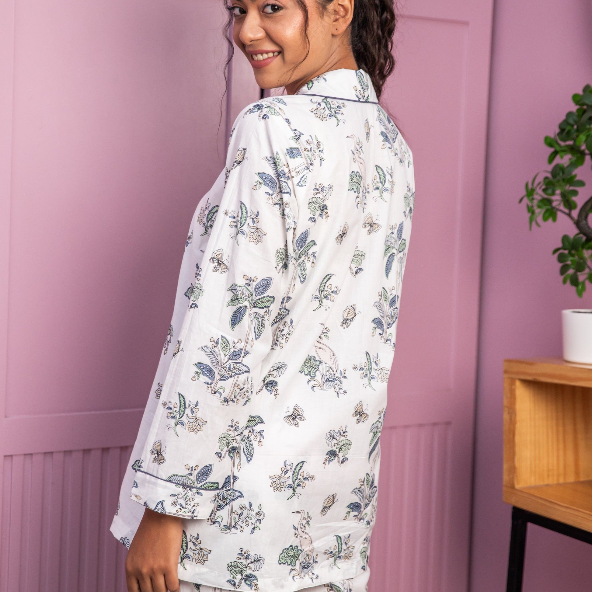 White Tropical Tango Cotton Loungewear Pyjama Set-loungewear-House of Ekam