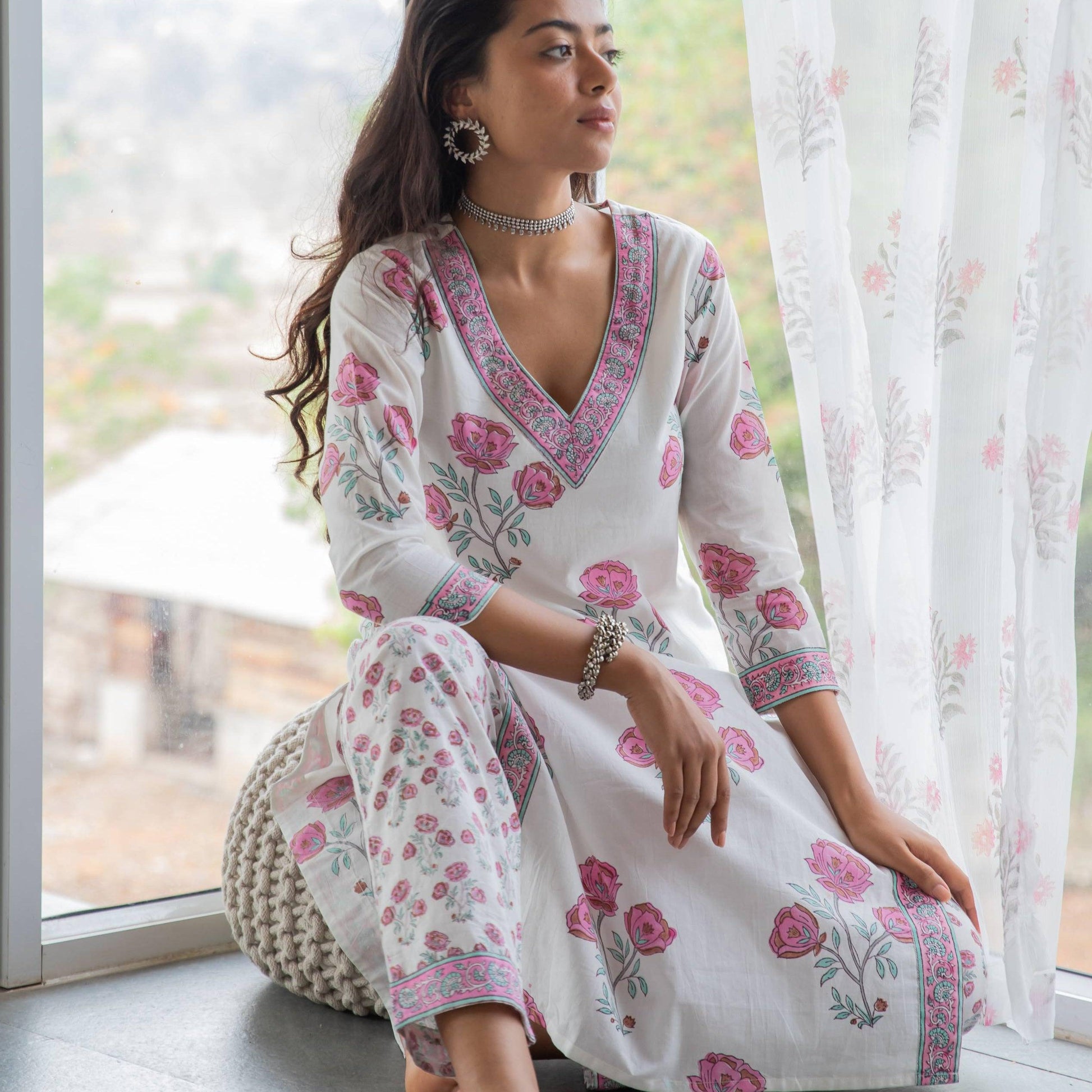 White and Pink Amaryllis Blockprinted Suit Set-Suits-House of Ekam