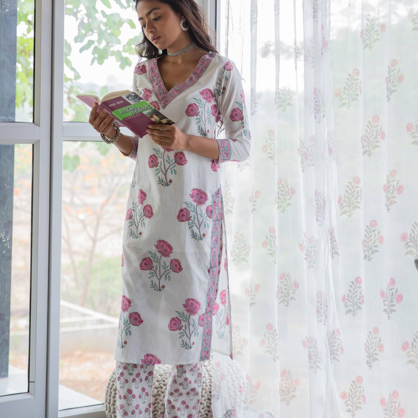 White and Pink Amaryllis Blockprinted Suit Set-Suits-House of Ekam