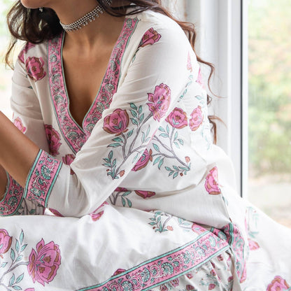 White and Pink Amaryllis Blockprinted Suit Set-Suits-House of Ekam