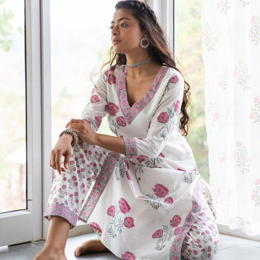 White and Pink Amaryllis Blockprinted Suit Set-Suits-House of Ekam