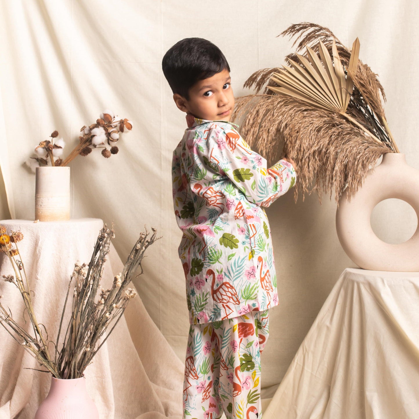 White and Pink Flamingo Kids Nightsuit Set-Kidswear-House of Ekam