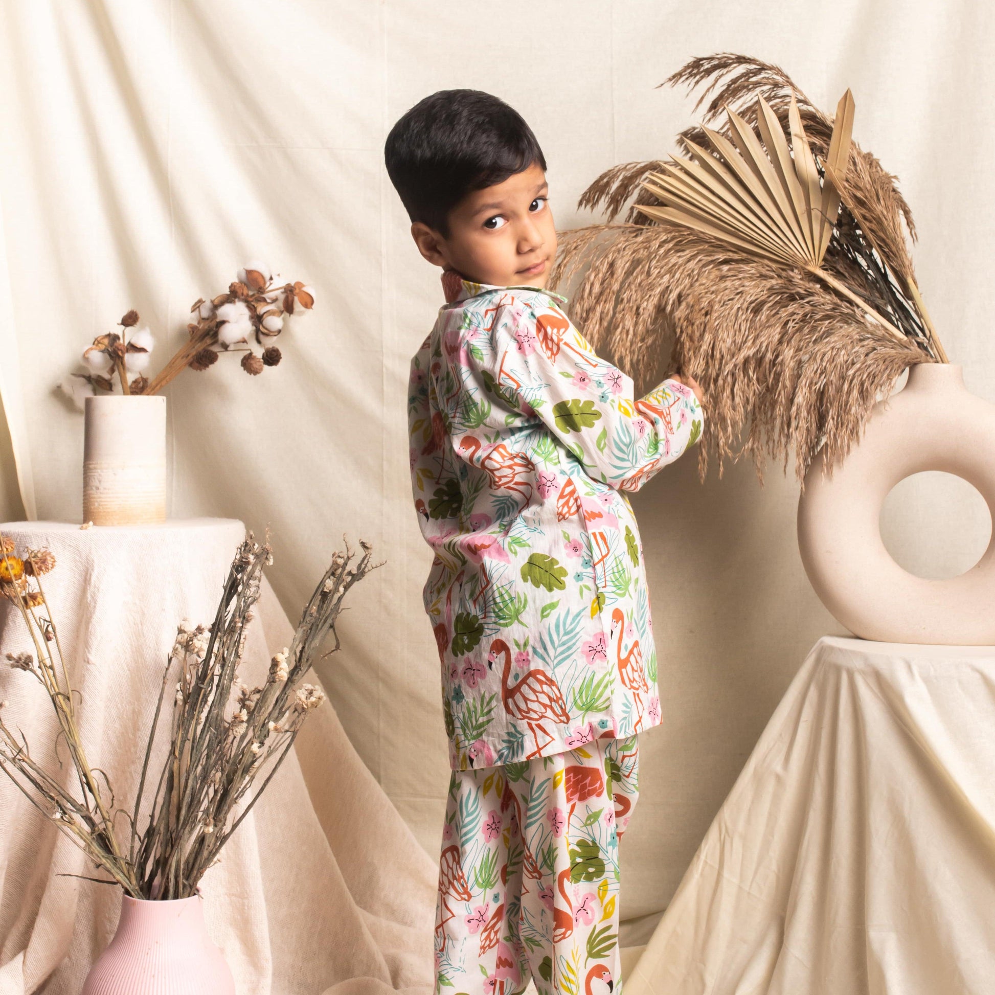 White and Pink Flamingo Kids Nightsuit Set-Kidswear-House of Ekam