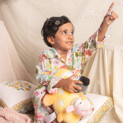 White and Pink Flamingo Kids Nightsuit Set-Kidswear-House of Ekam