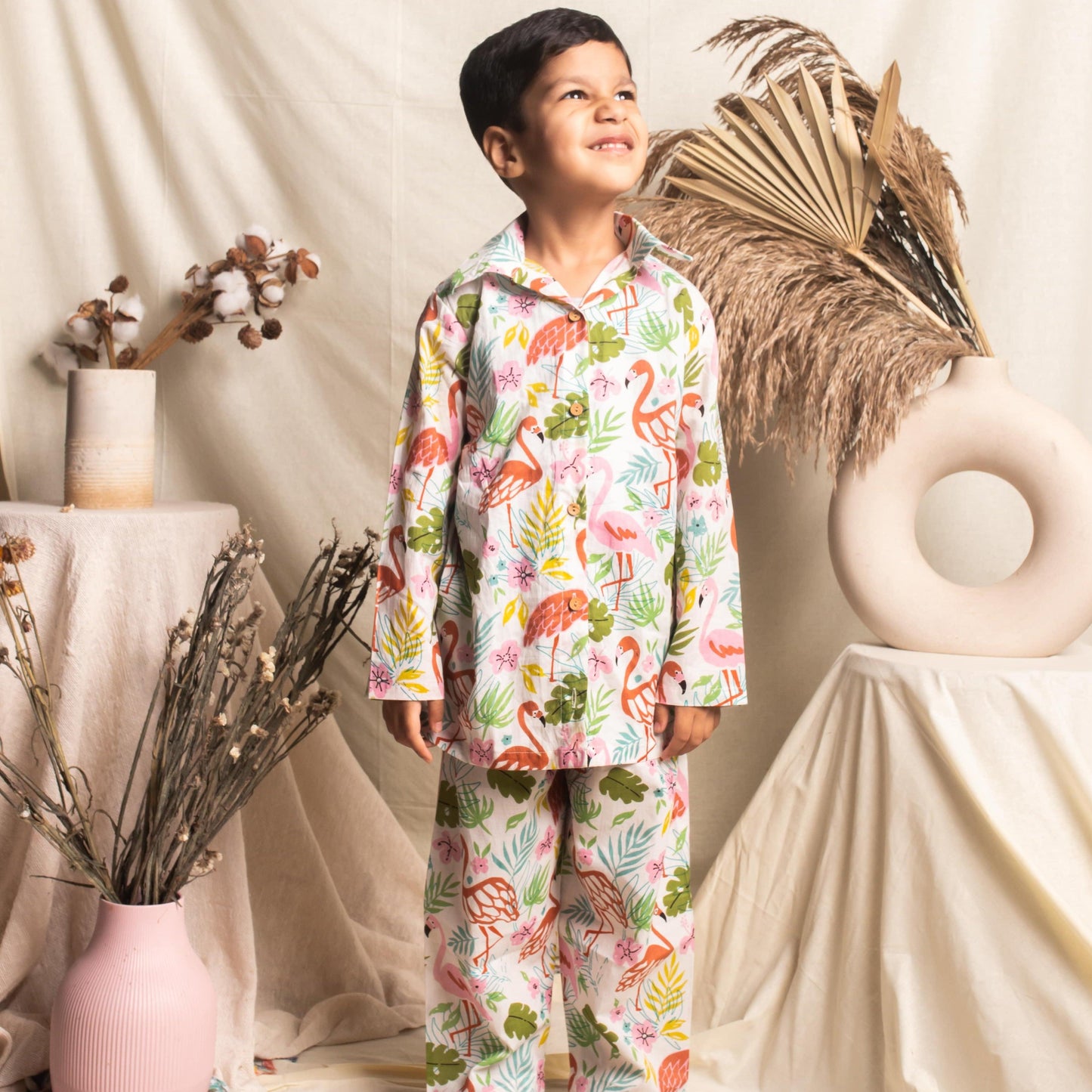 White and Pink Flamingo Kids Nightsuit Set-Kidswear-House of Ekam