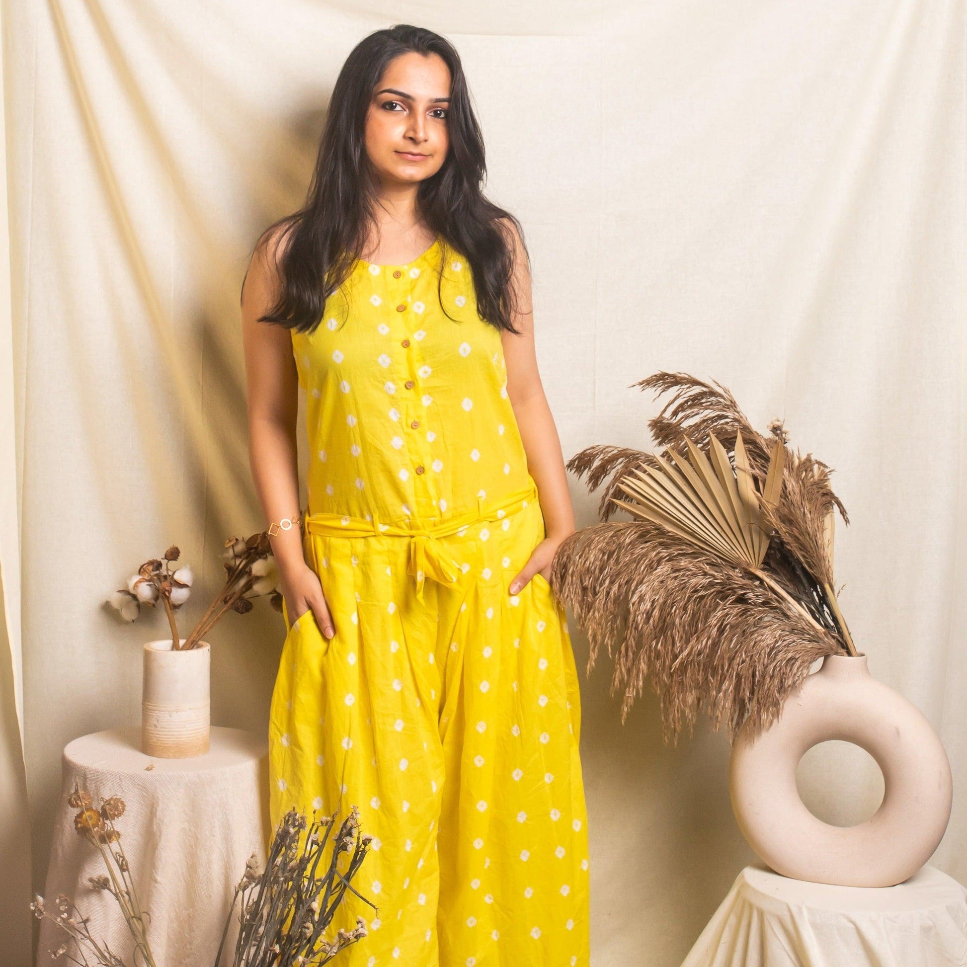 Yellow Bandhani Jumpsuit-Jump suits-House of Ekam