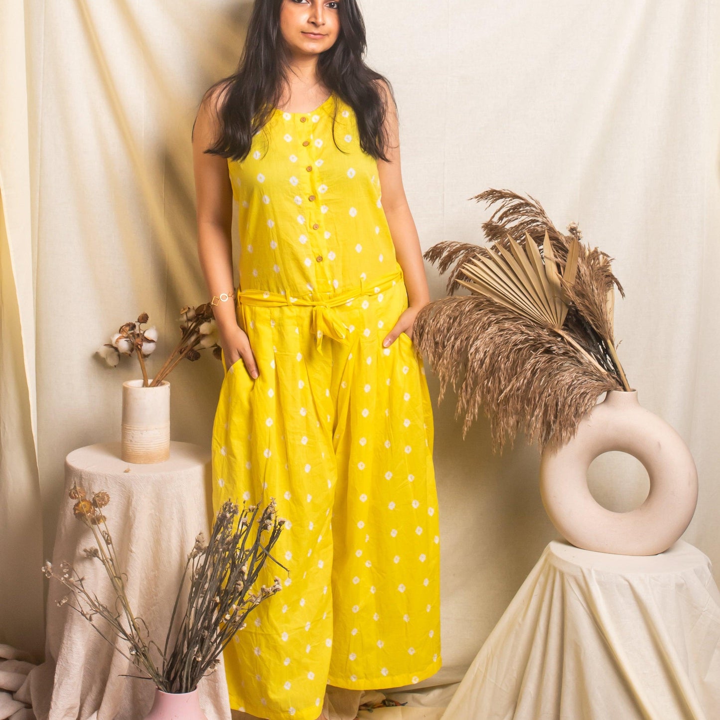 Yellow Bandhani Jumpsuit-Jump suits-House of Ekam