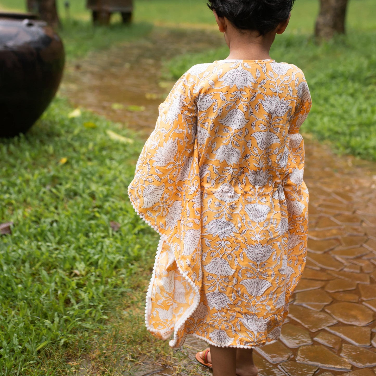 Yellow Floral Blockprint Girl Kaftan-Kidswear-House of Ekam