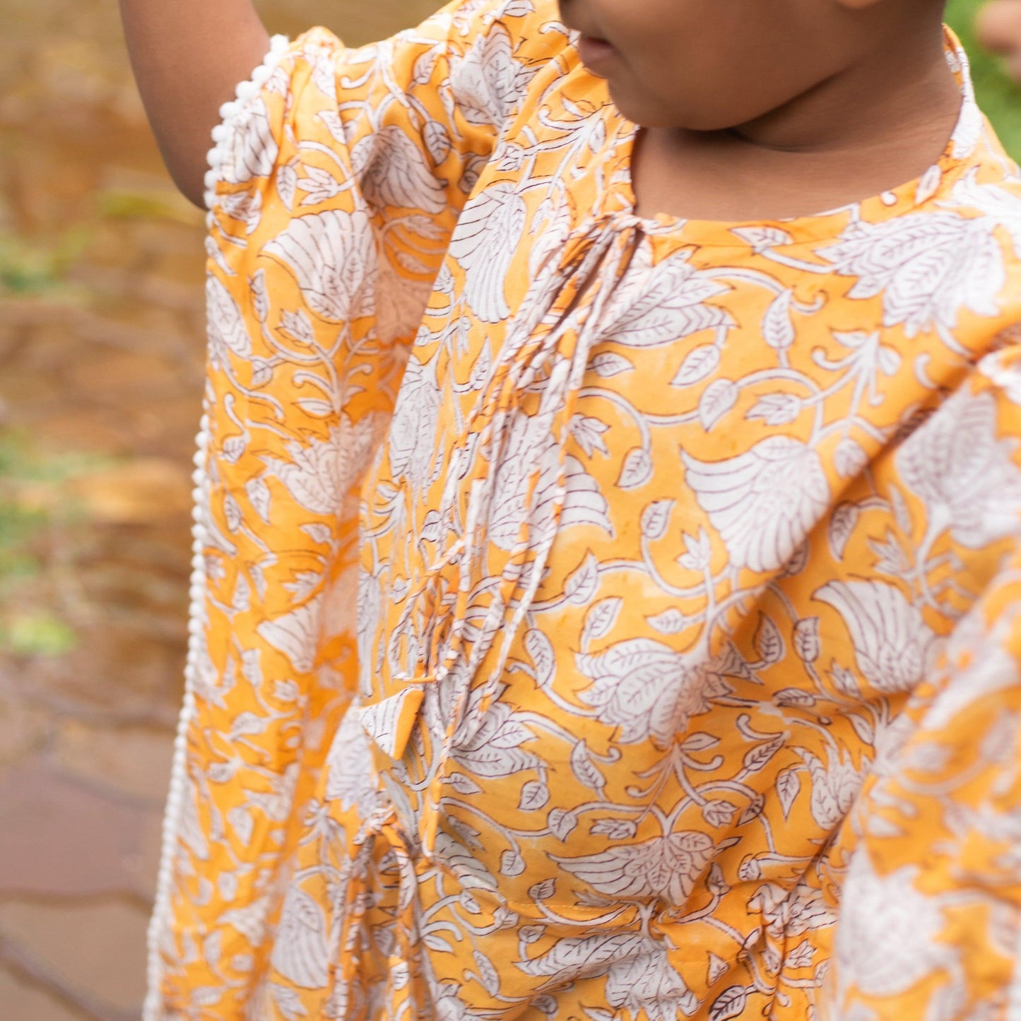 Yellow Floral Blockprint Girl Kaftan-Kidswear-House of Ekam