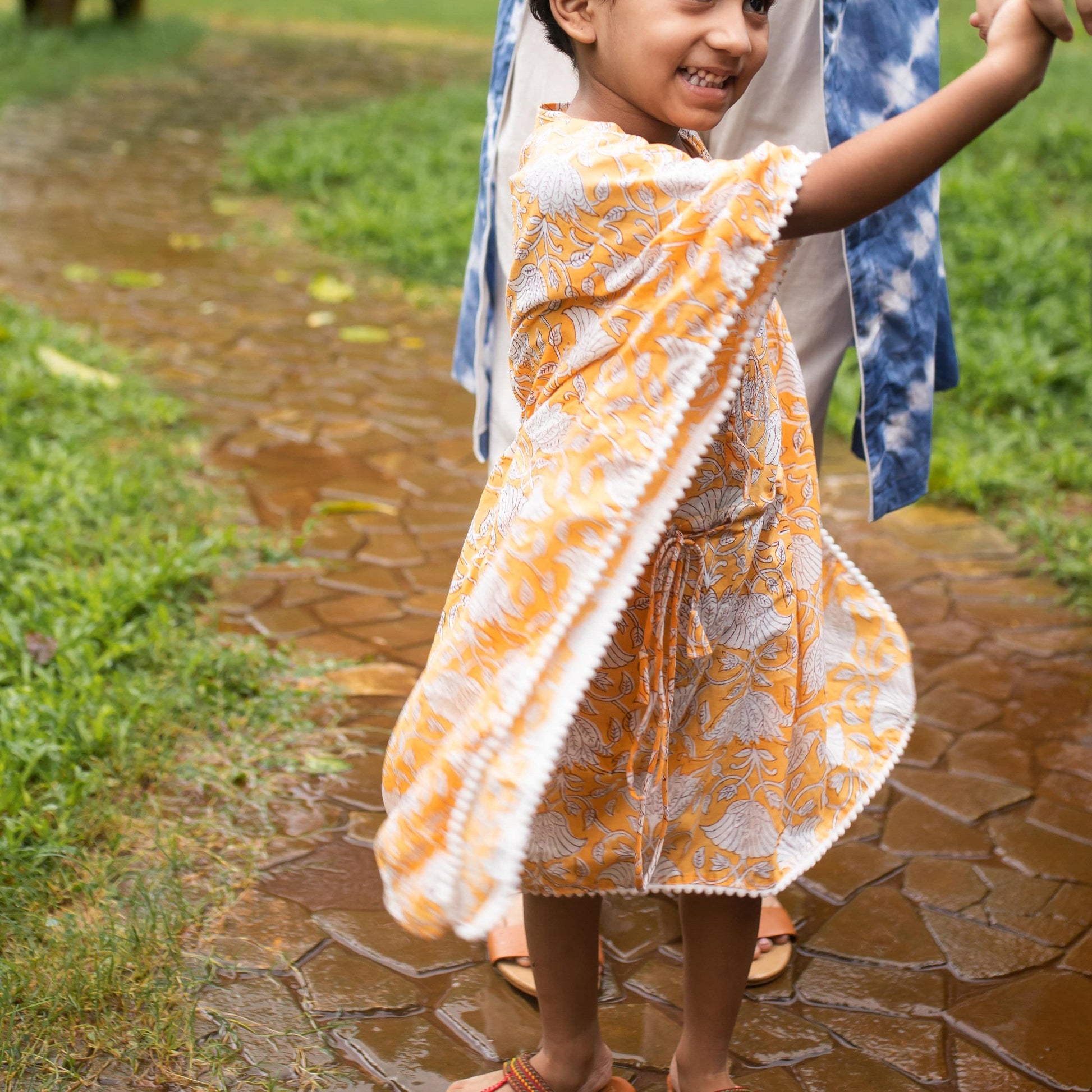 Yellow Floral Blockprint Girl Kaftan-Kidswear-House of Ekam