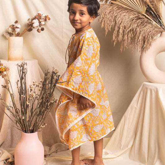 Yellow Floral Blockprint Girl Kaftan-Kidswear-House of Ekam