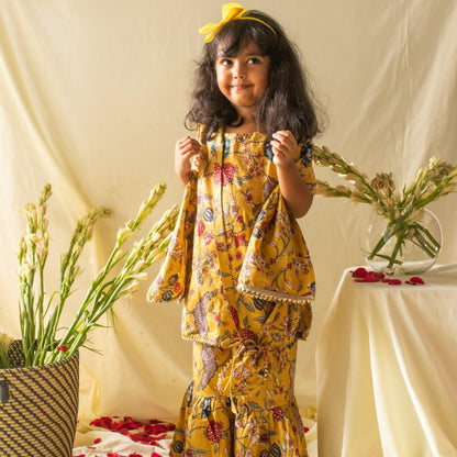 Yellow Floral Printed Girl Sharara Suit With Dupatta-Kidswear-House of Ekam