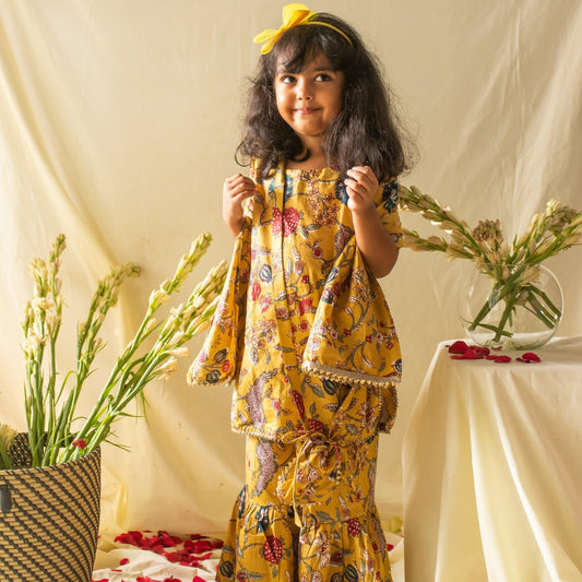 Yellow Floral Printed Girl Sharara Suit With Dupatta-Kidswear-House of Ekam