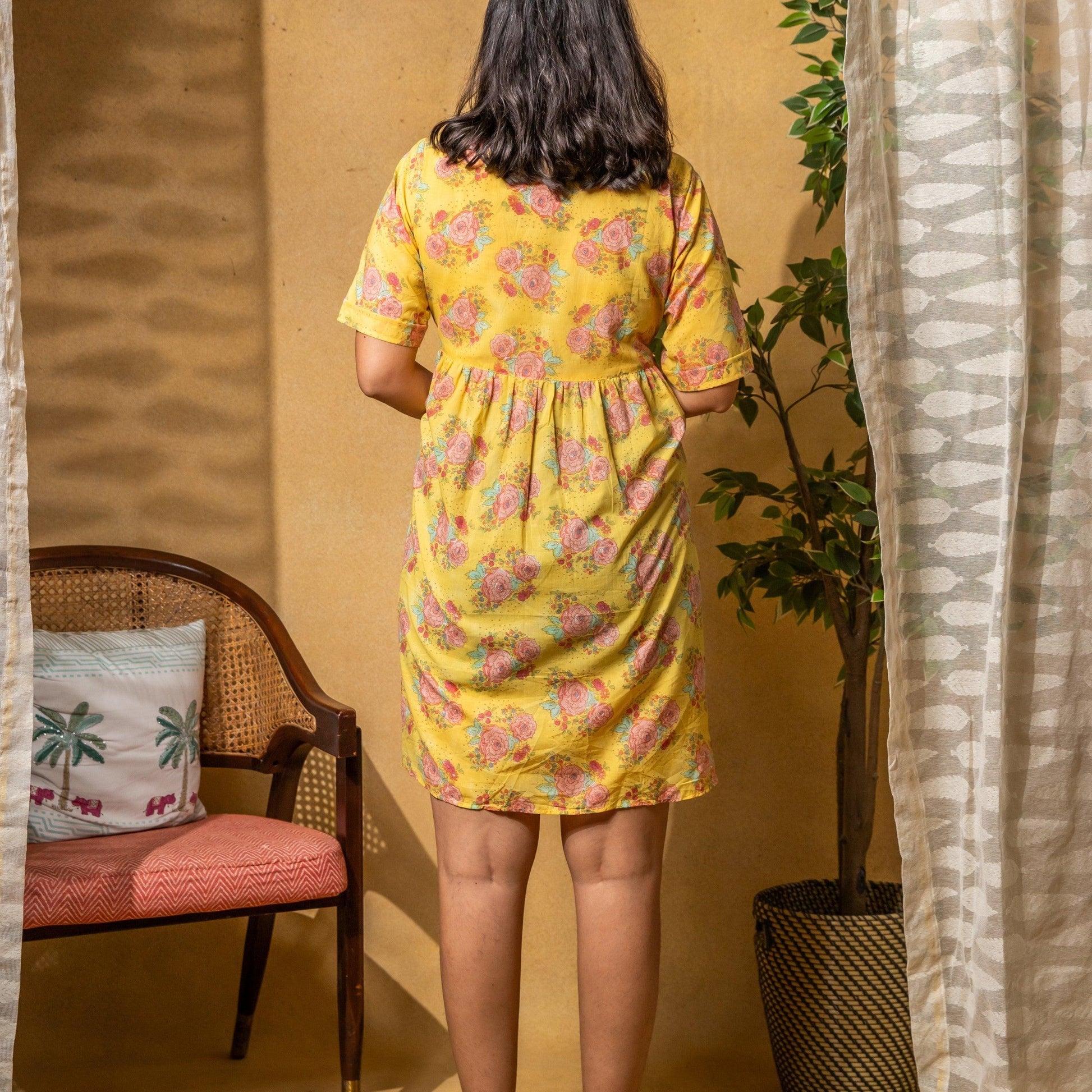 Yellow Kentish Rose Hand Blockprinted Dress-Dresses-House of Ekam